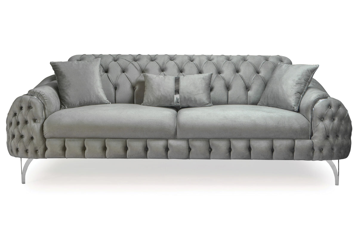 Canapé Turc Capitonné Velours Gris Argent – BELLA - DEKOFLIX