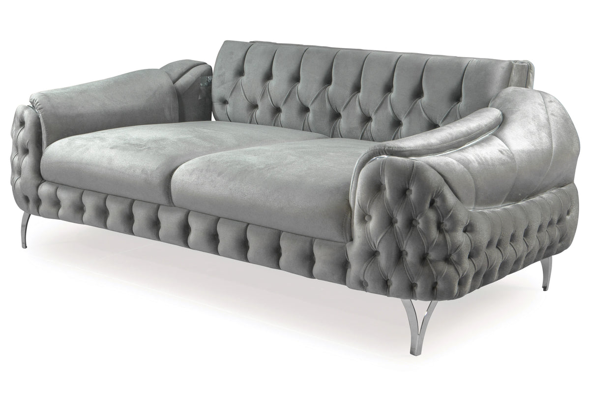 Canapé Turc Capitonné Velours Gris Argent – BELLA - DEKOFLIX