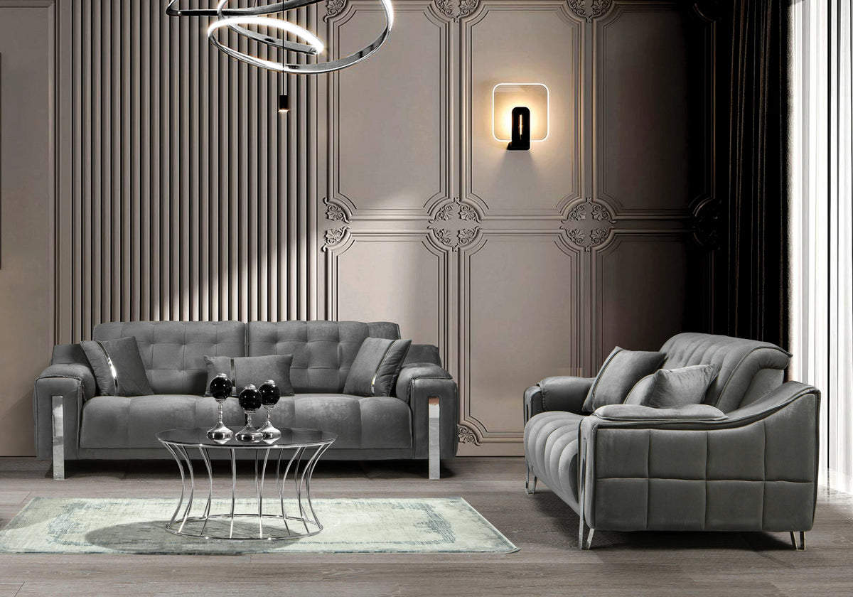 Canapé Turc Capitonné Velours Gris Design Argent – SINEM - DEKOFLIX