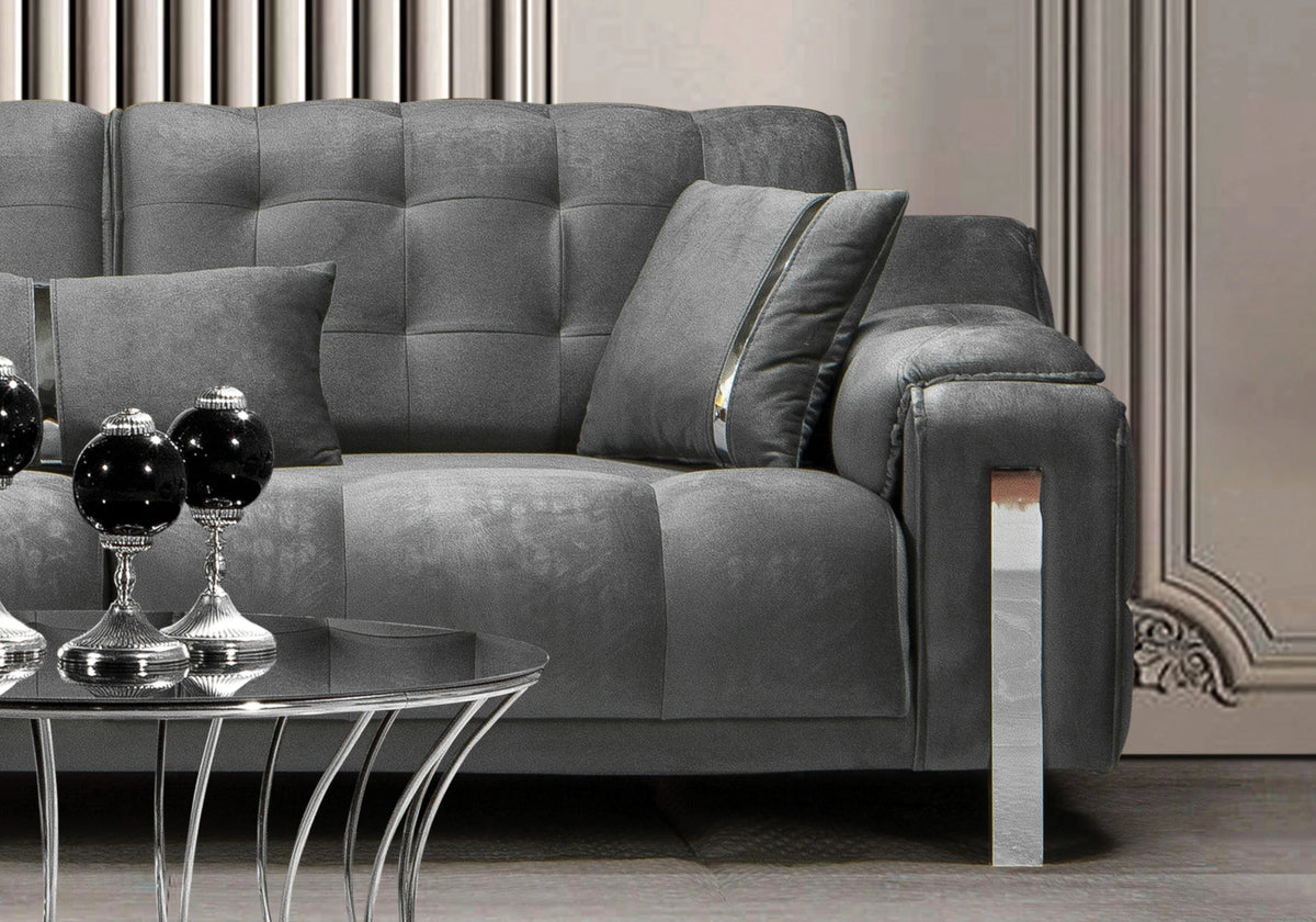 Canapé Turc Capitonné Velours Gris Design Argent – SINEM - DEKOFLIX