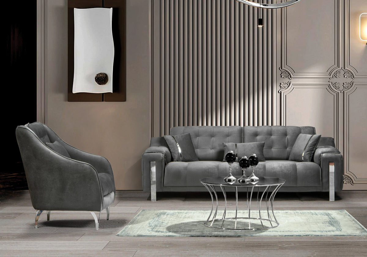 Canapé Turc Capitonné Velours Gris Design Argent – SINEM - DEKOFLIX