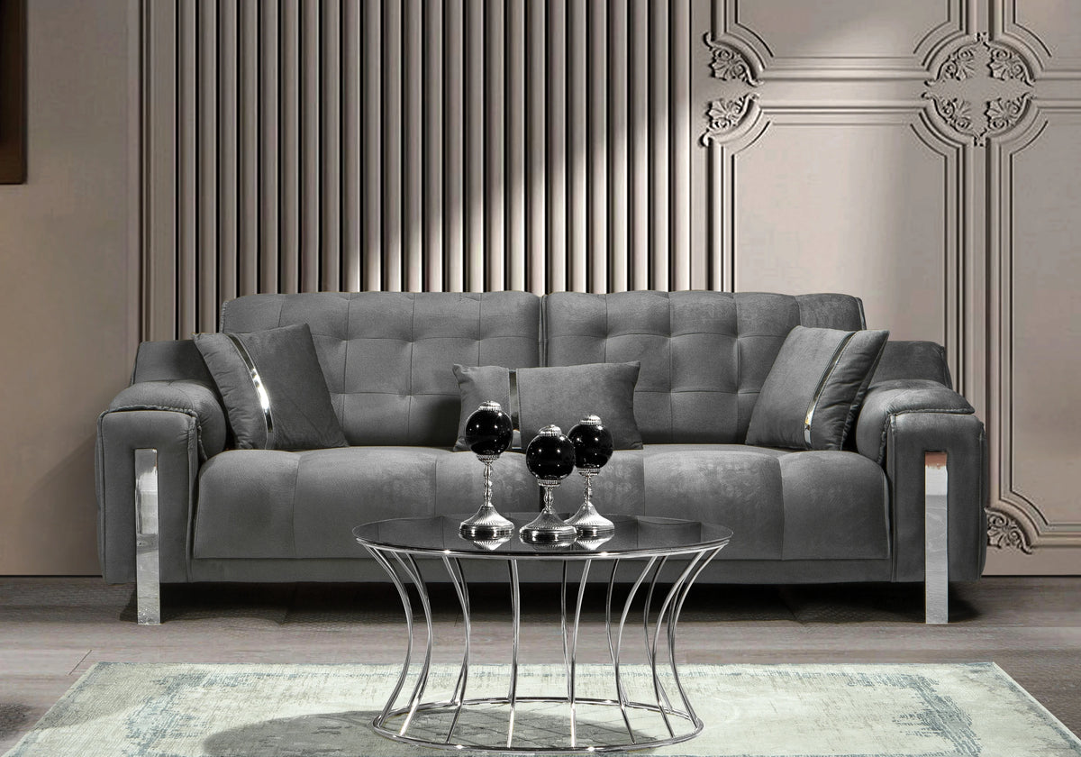 Canapé Turc Capitonné Velours Gris Design Argent – SINEM - DEKOFLIX
