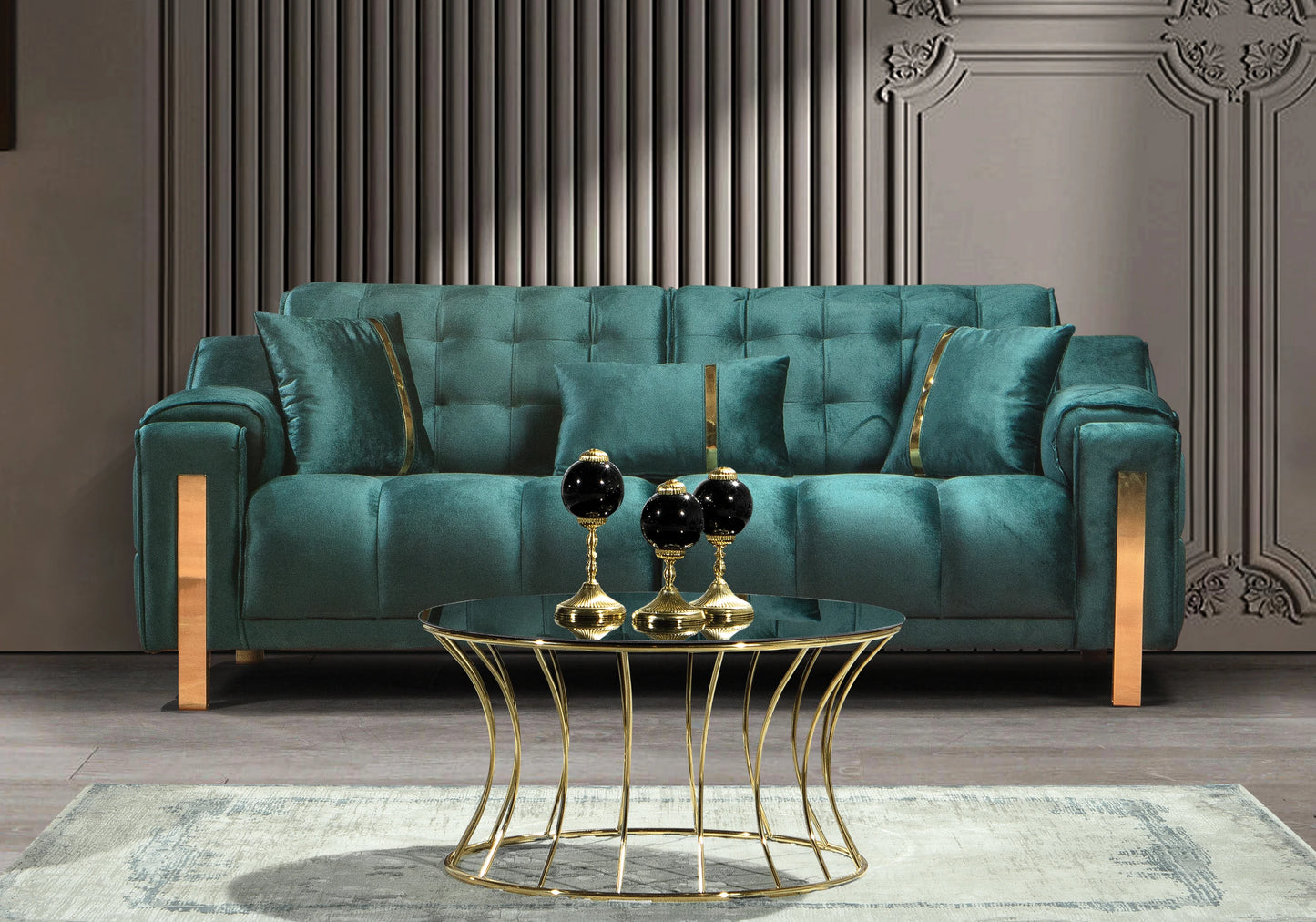 Canapé Turc Capitonné Velours Vert Design Doré – SINEM - DEKOFLIX