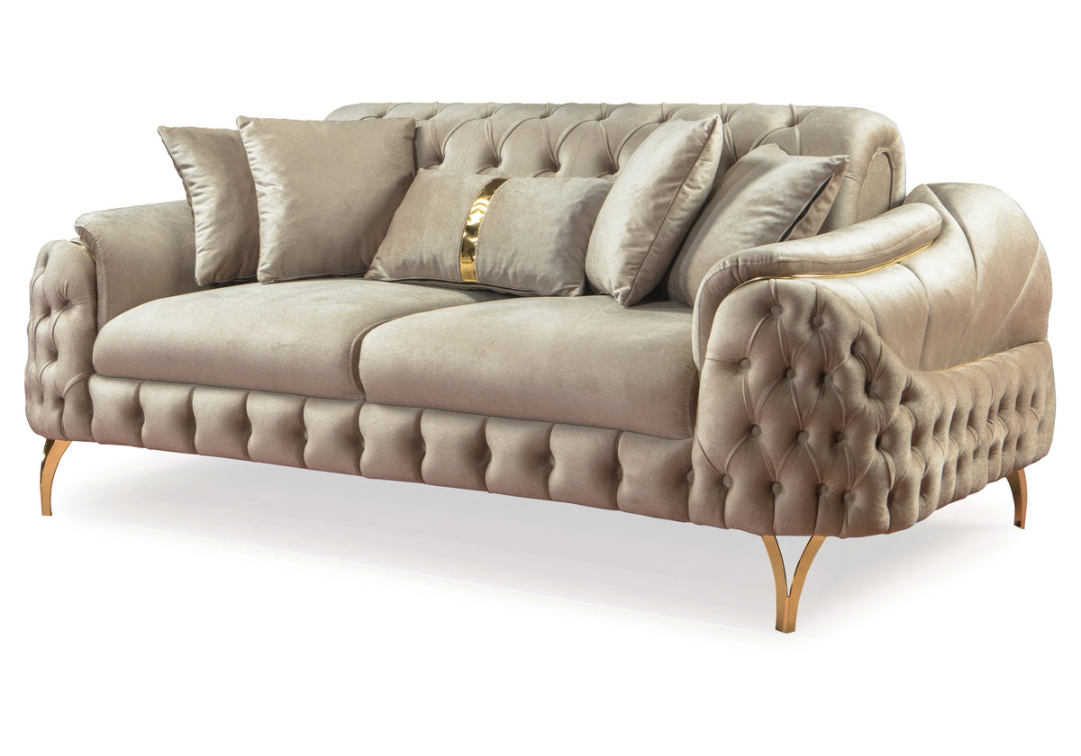 Canapé Turc Capitonné Velours Beige Doré – BELLA - DEKOFLIX