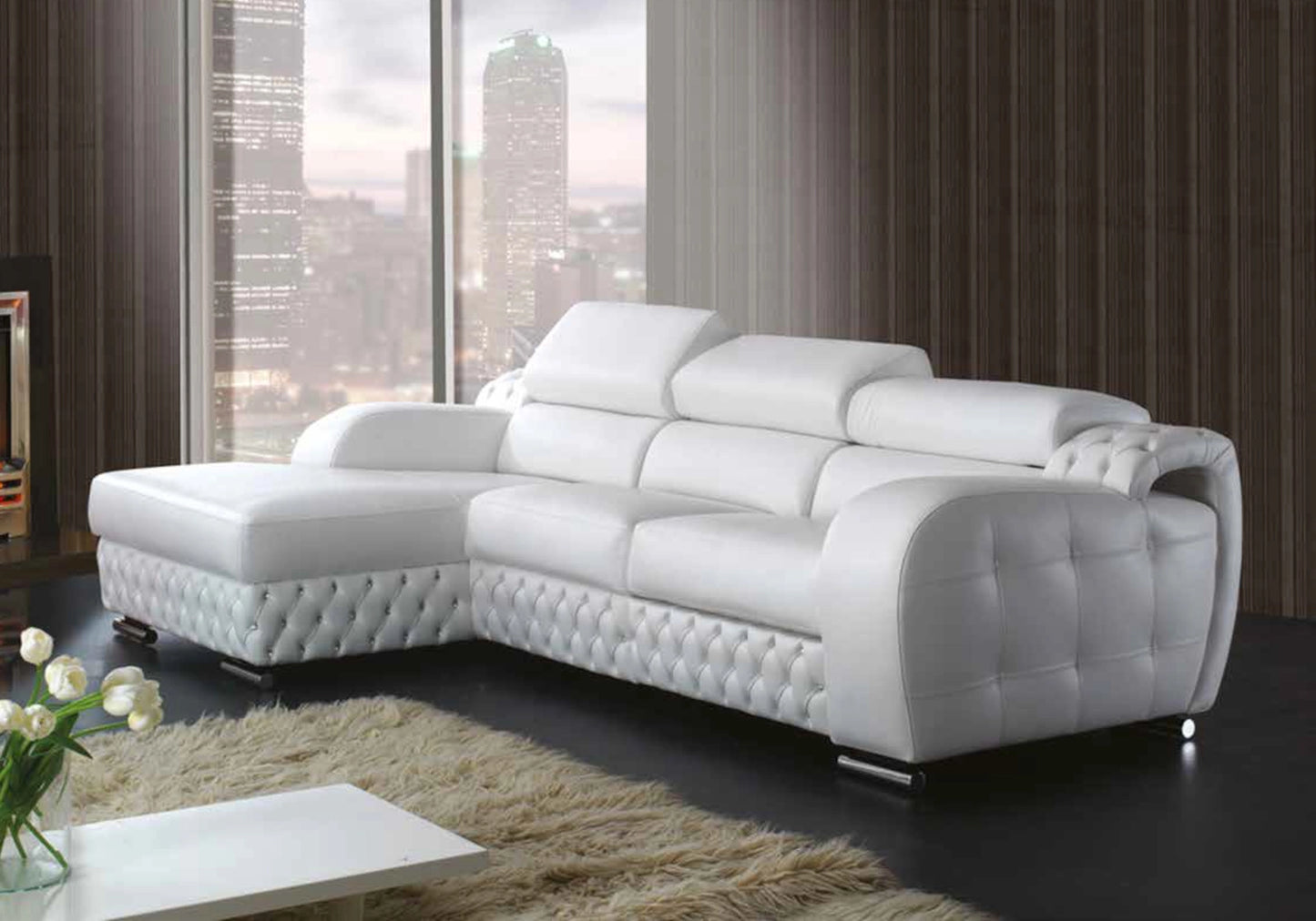Canapé d’angle relax cuir blanc capitonné - LANA
