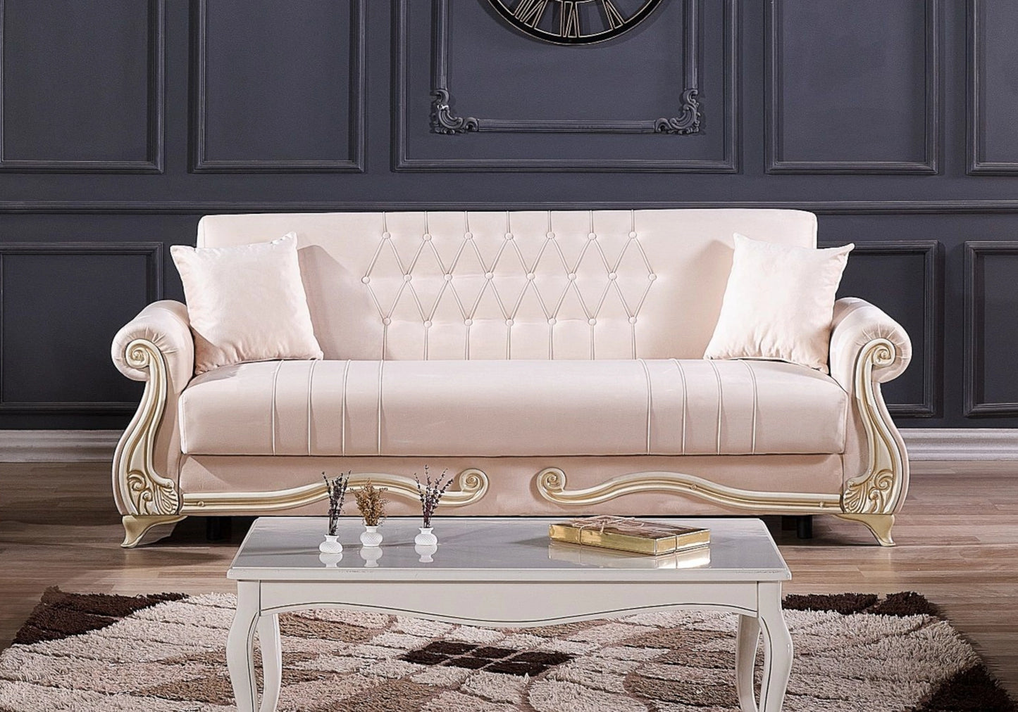 Canapé baroque rose convertible avec coffre – ALYA