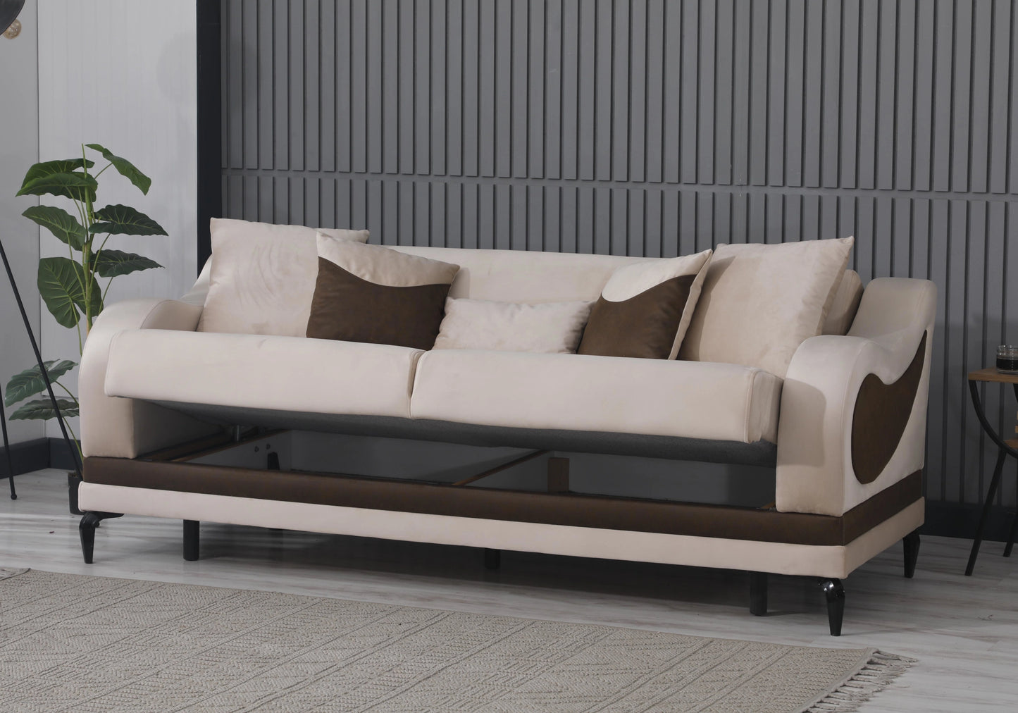 Canapé convertible avec coffre velours beige – SOFIA