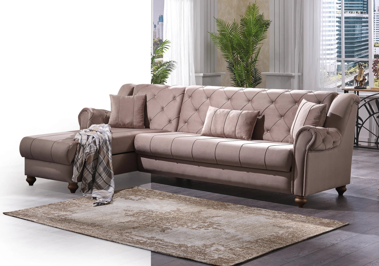 Canapé méridienne capitonné velours taupe – MEVA