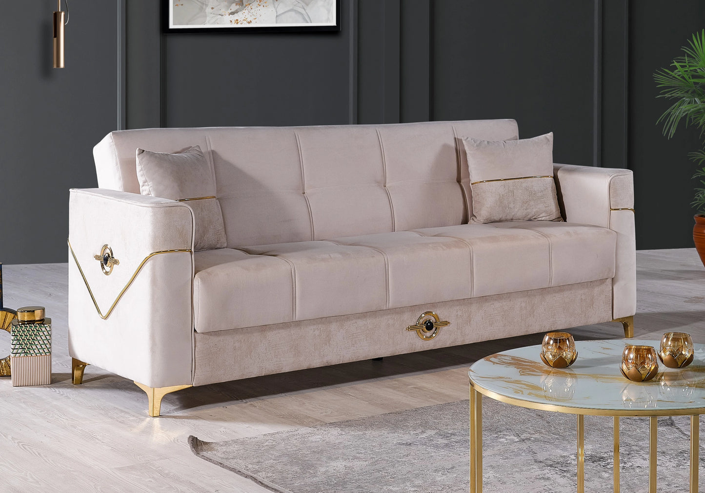 Canapé velours beige convertible avec coffre – MADRID