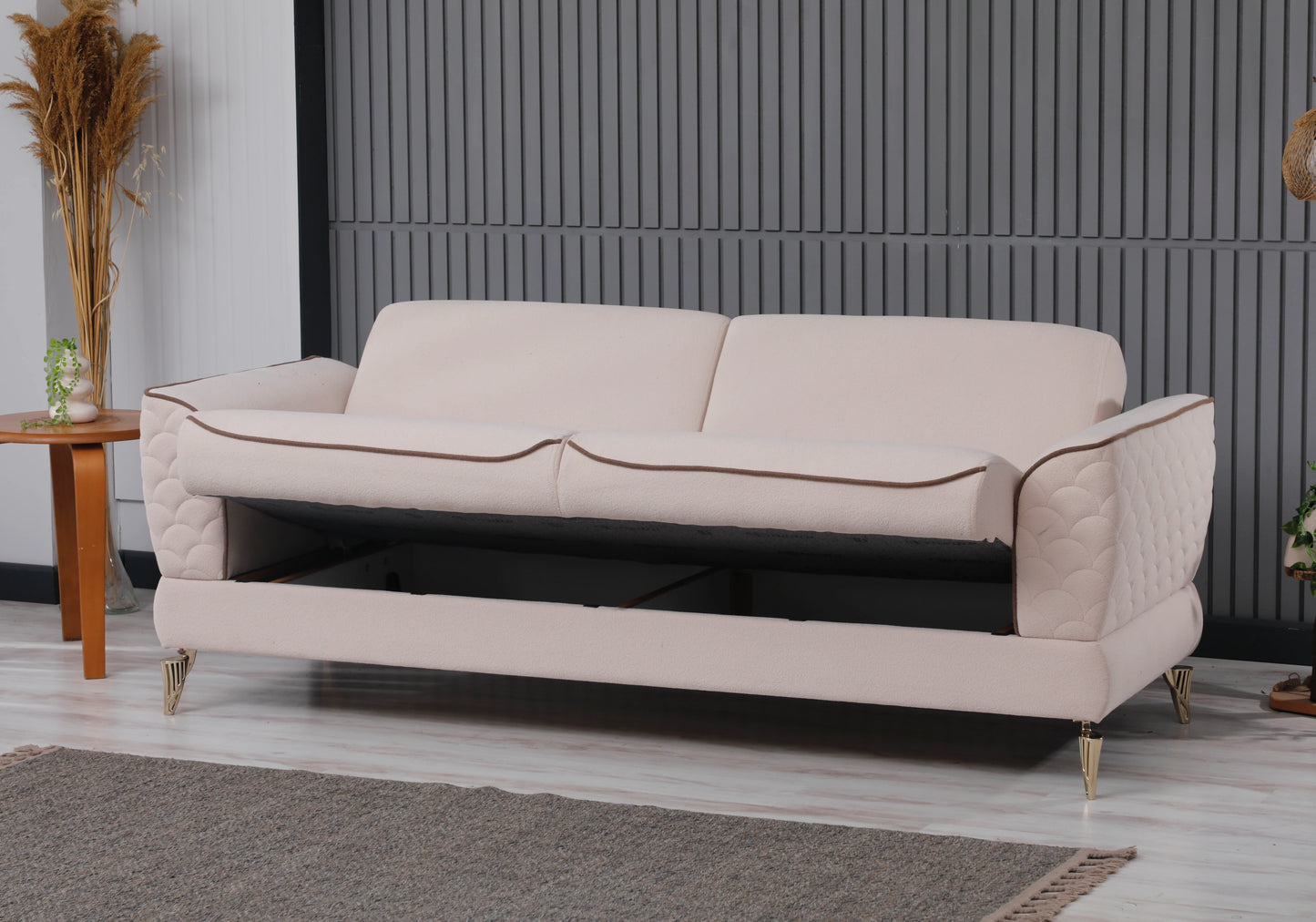 Canapé velours beige convertible avec coffre - NOOR