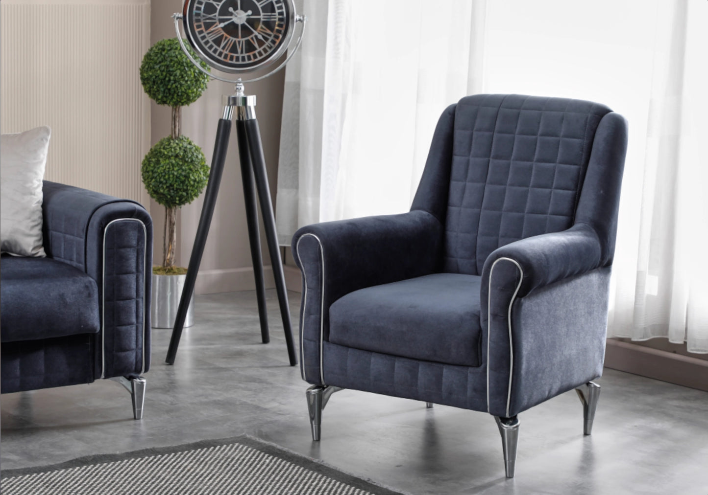 Canapé velours bleu nuit convertible coffre – ATLAS