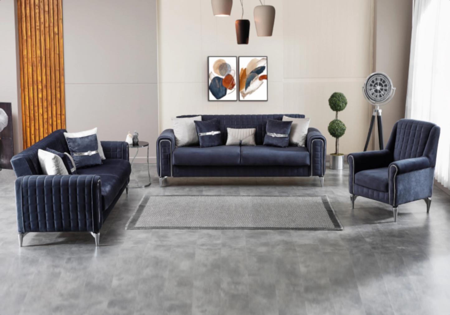 Canapé velours bleu nuit convertible coffre – ATLAS