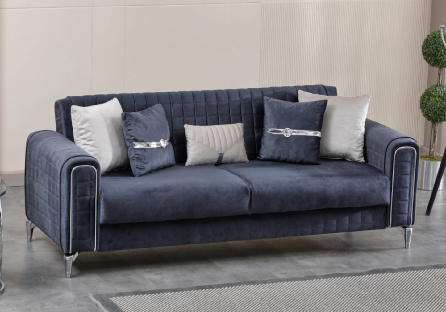 Canapé velours bleu nuit convertible coffre – ATLAS
