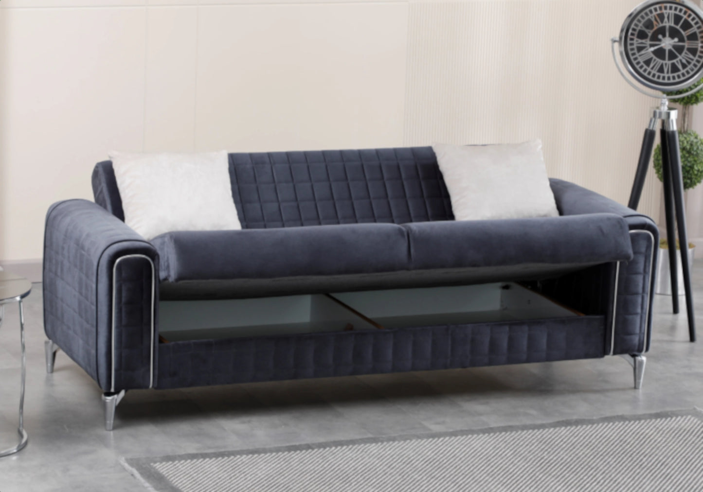 Canapé velours bleu nuit convertible coffre – ATLAS