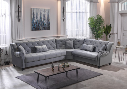 Canapé d’angle capitonné velours gris – MEVA