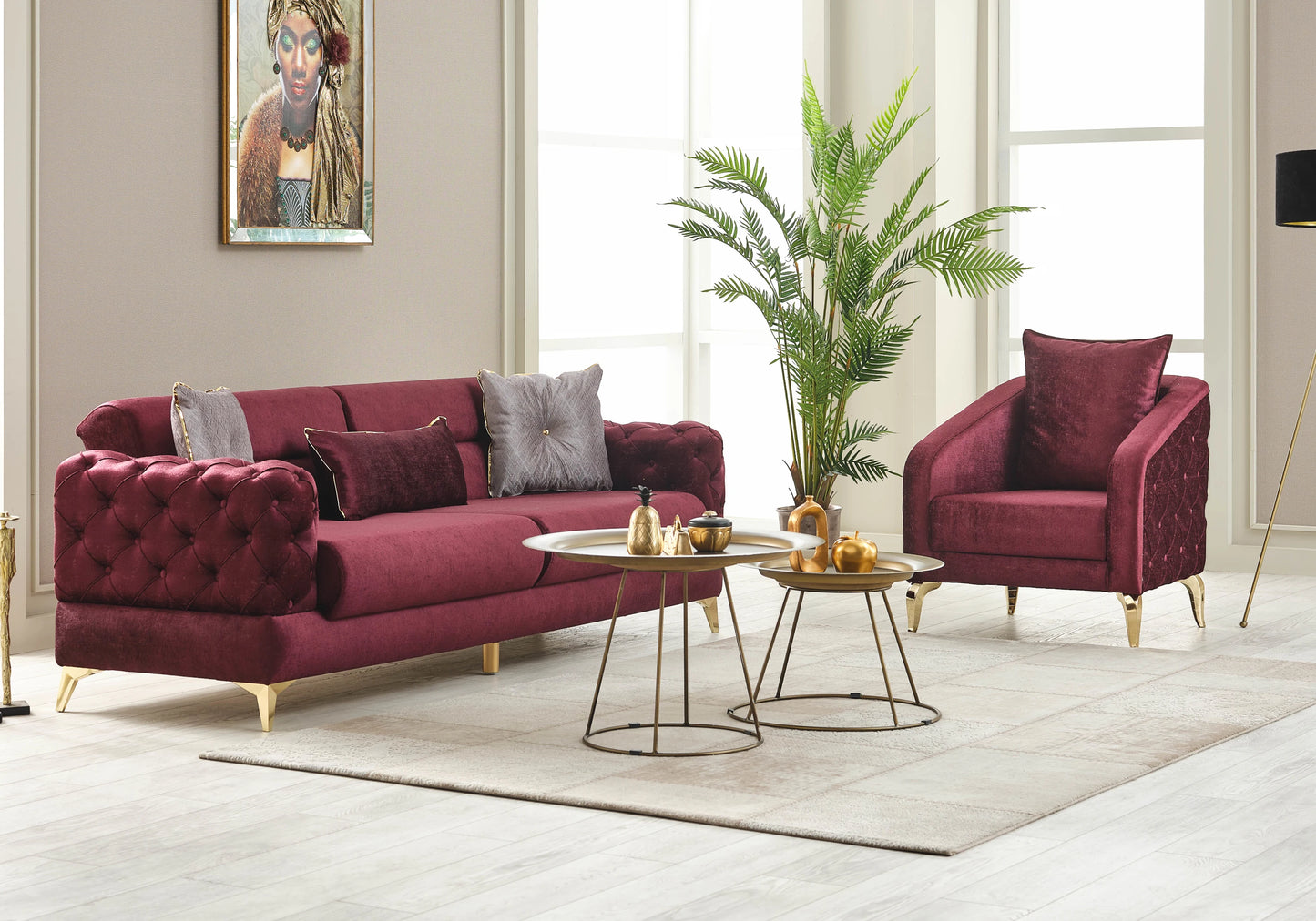Canapé lit capitonné velours bordeaux doré – BOSNA