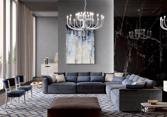 Image d'un canapé d'angle NAURA en bleu marine, idéal pour la modernité de votre salon.