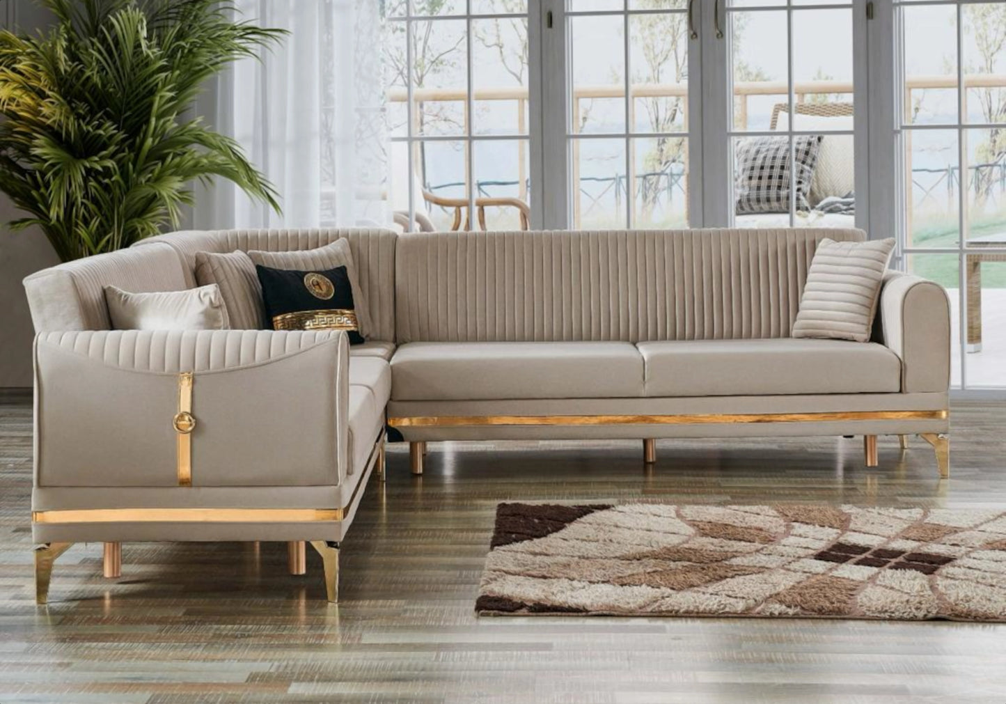 Canapé d’angle velours beige convertible avec coffre – LOFT