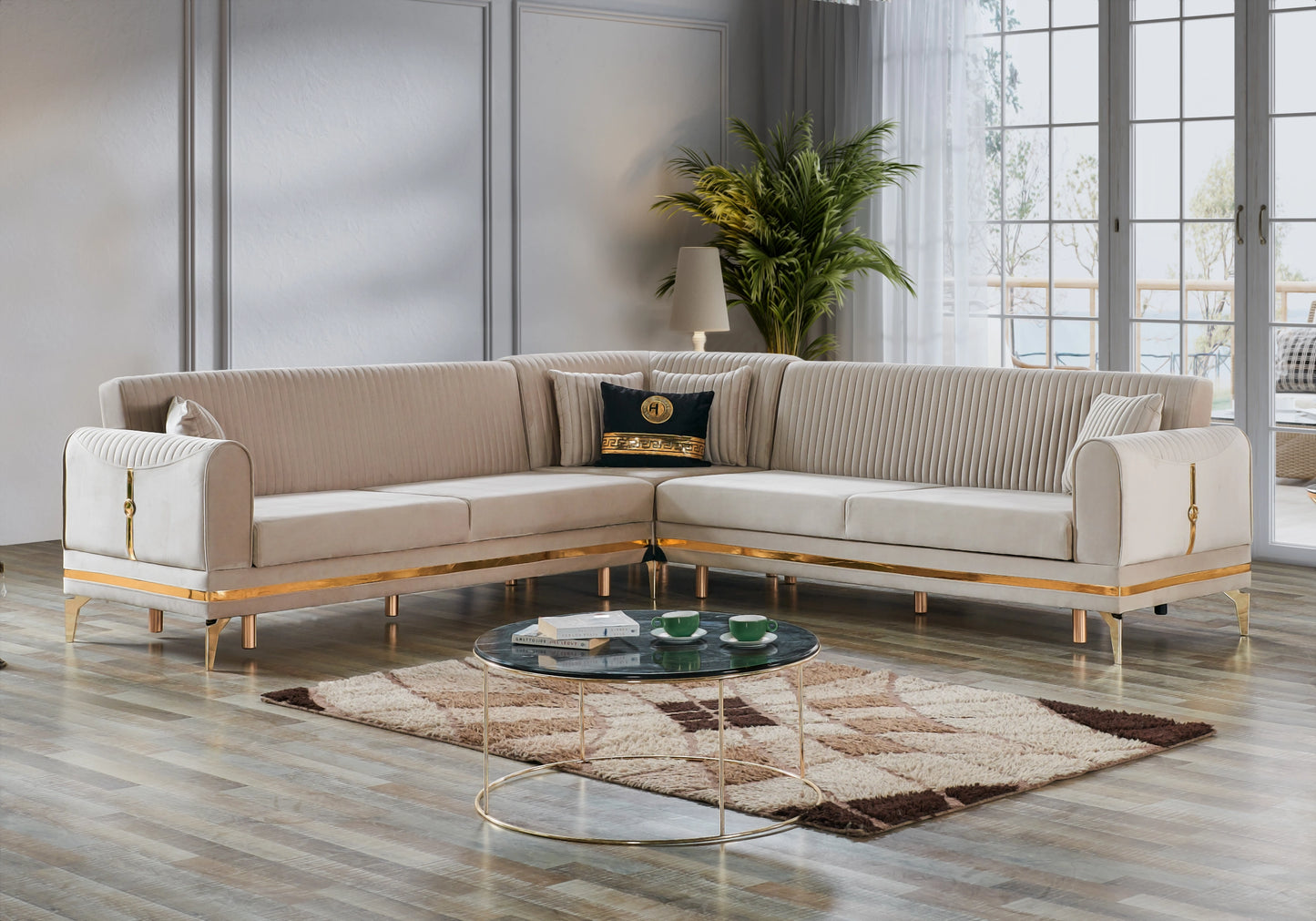 Canapé d’angle velours beige convertible avec coffre – LOFT