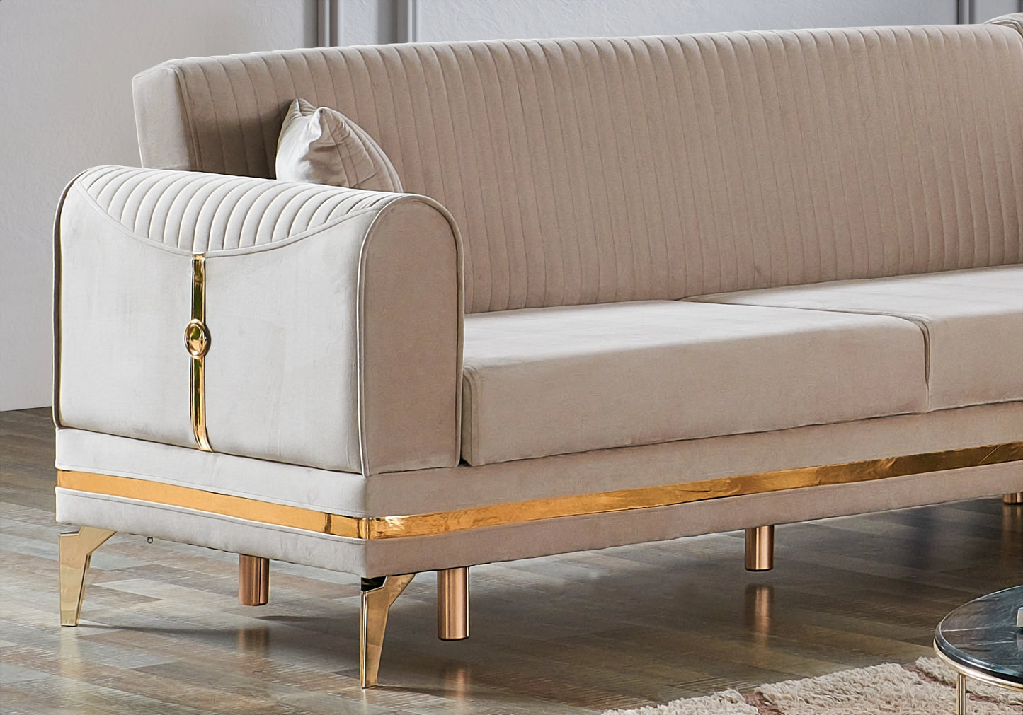 Canapé d’angle velours beige convertible avec coffre – LOFT