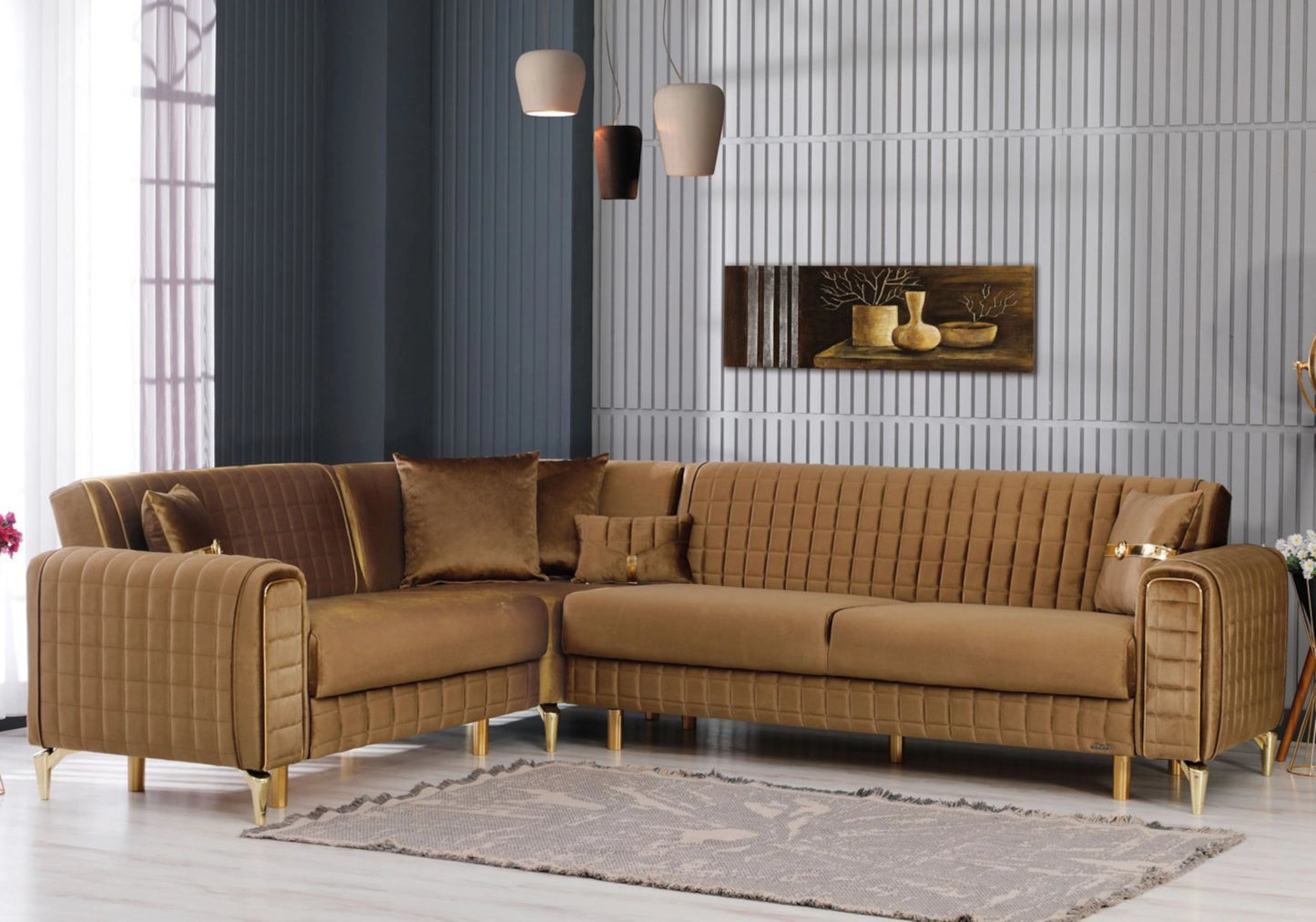 Canapé d'angle velours camel convertible coffre – ATLAS