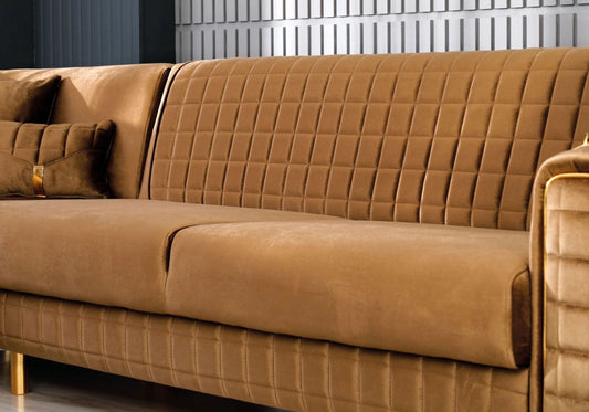 Canapé d'angle velours camel convertible coffre – ATLAS