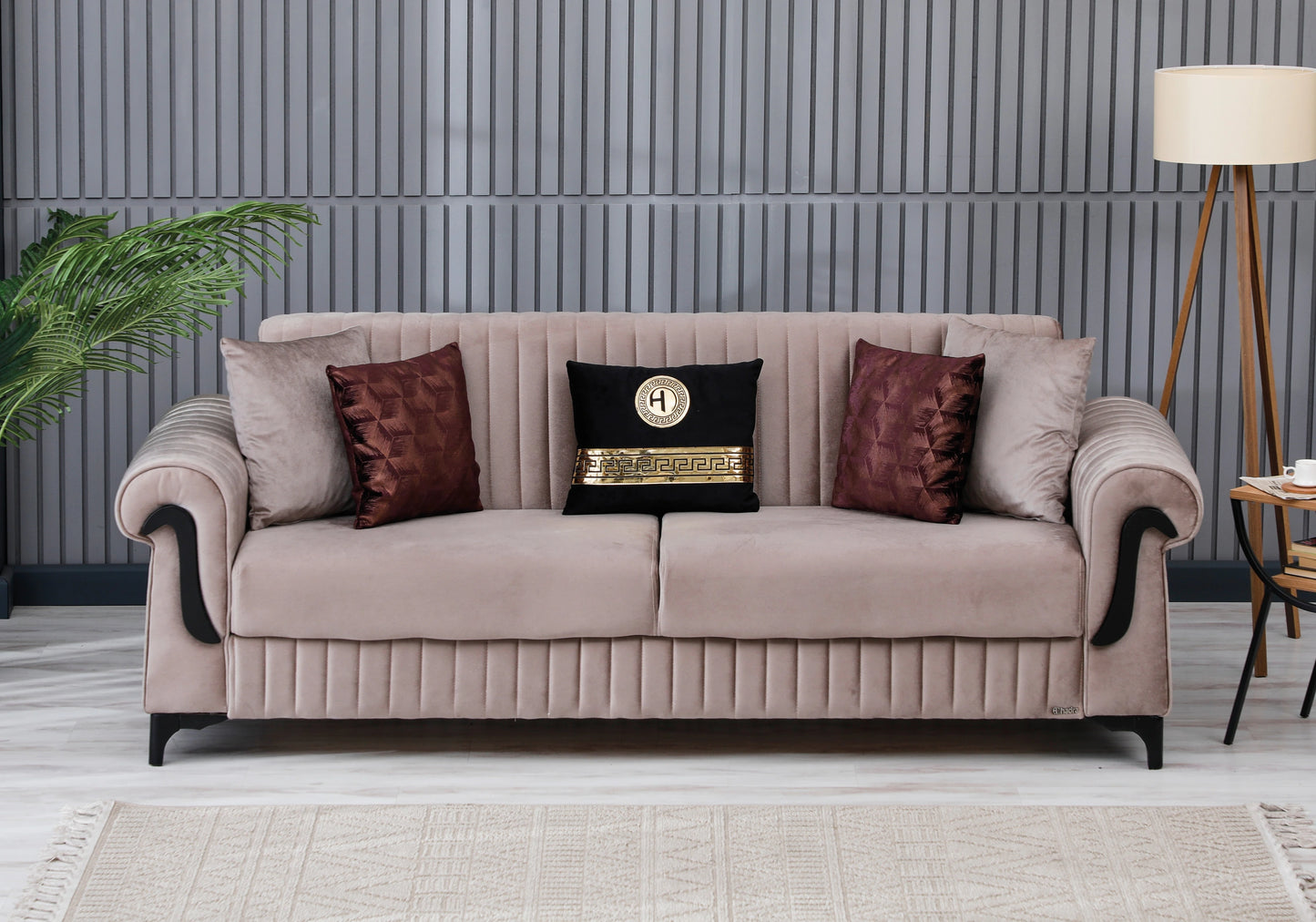 Canapé velours beige convertible coffre - ELYA