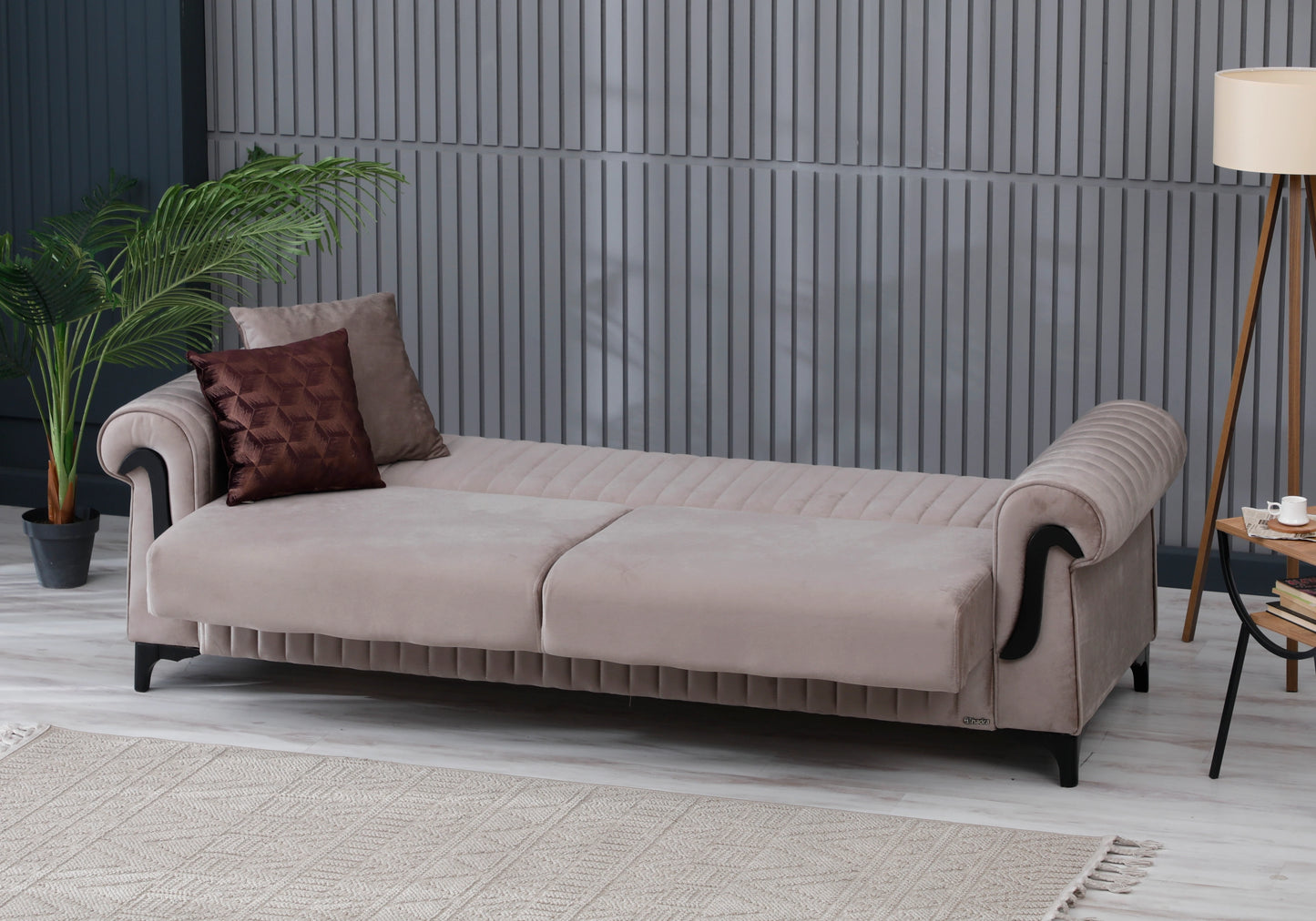 Canapé velours beige convertible coffre - ELYA
