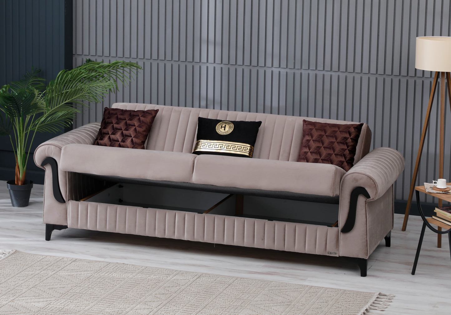 Canapé velours beige convertible coffre - ELYA
