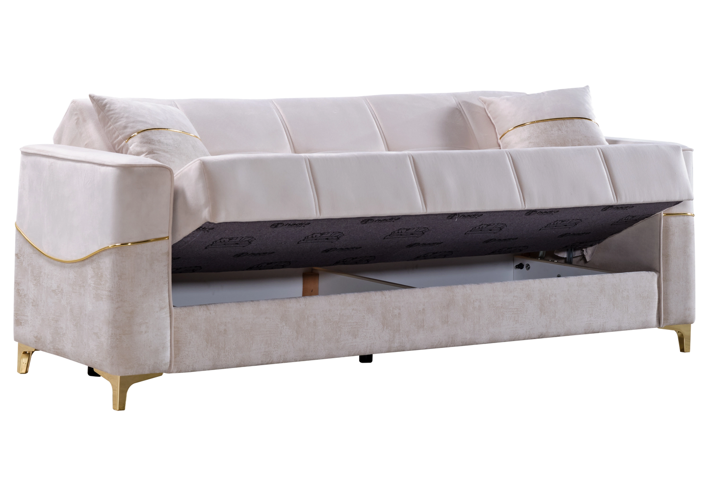 Canapé velours beige convertible avec coffre – LIVIA