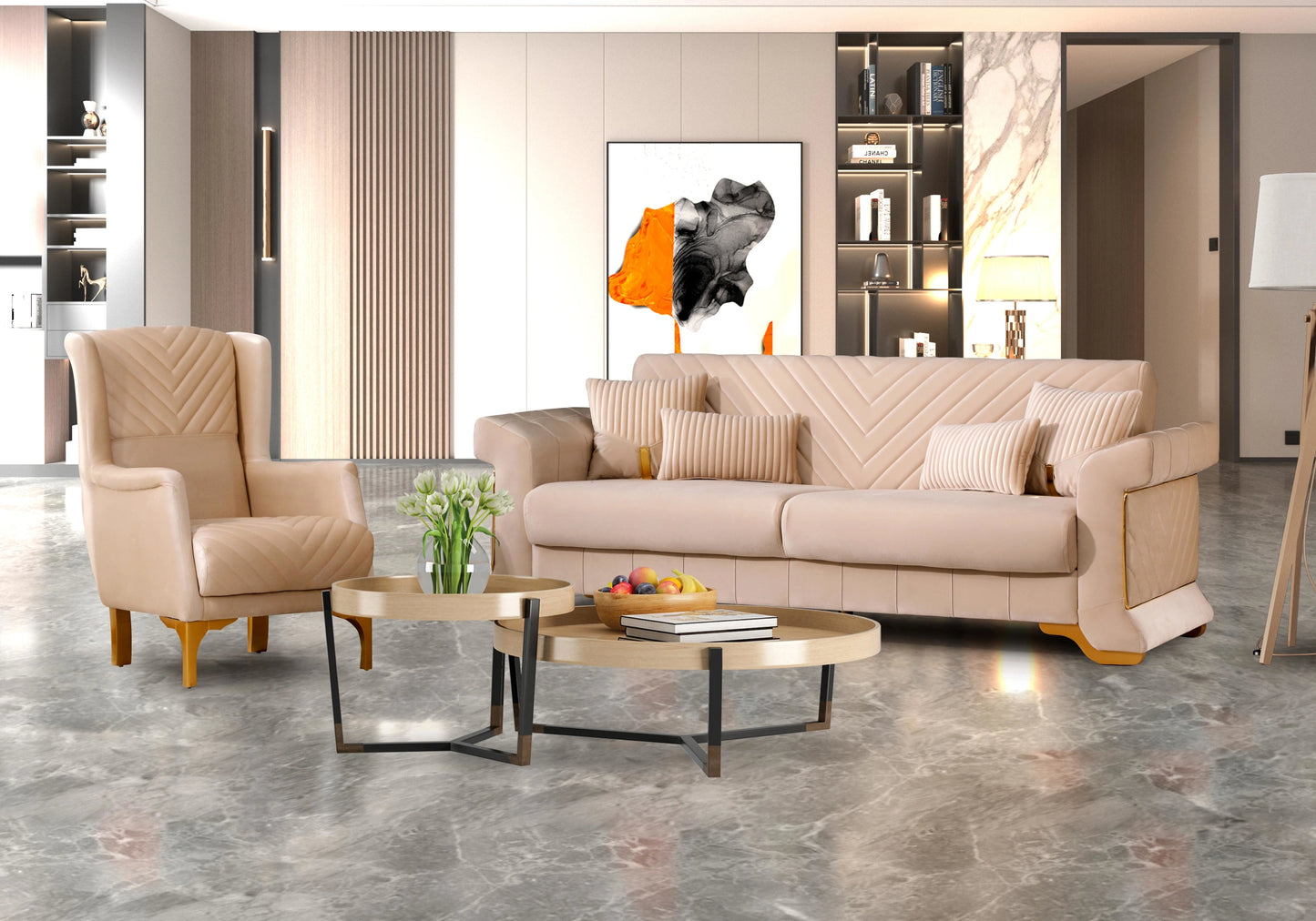 Canapé velours beige convertible coffre – REXA