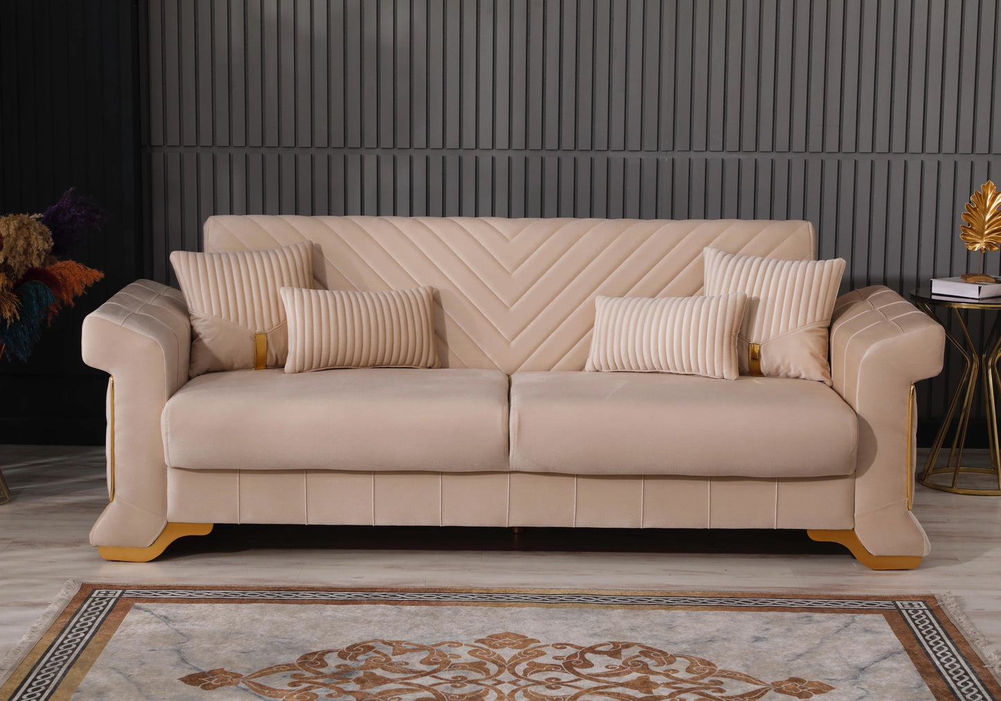 Canapé velours beige convertible coffre – REXA