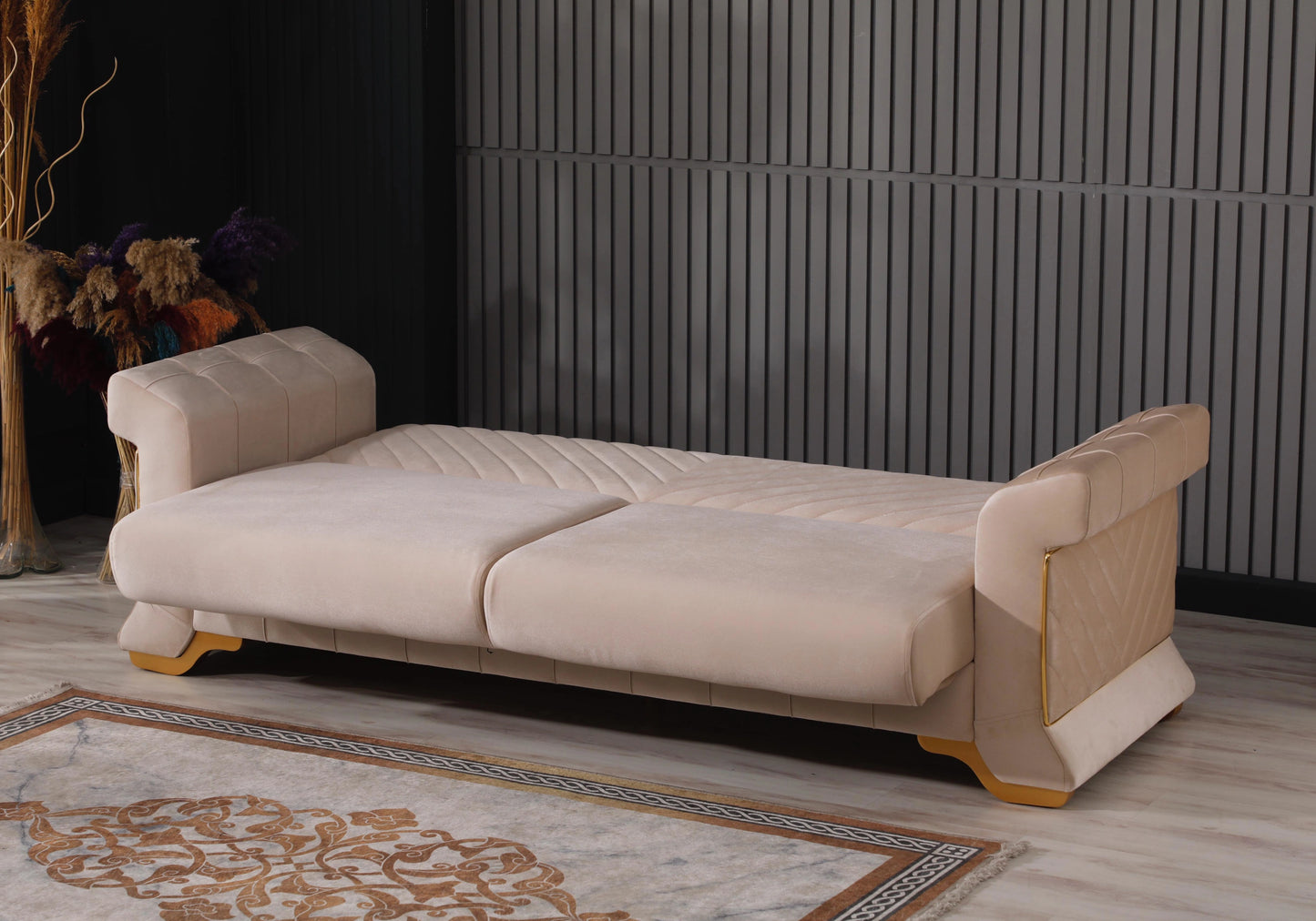 Canapé velours beige convertible coffre – REXA