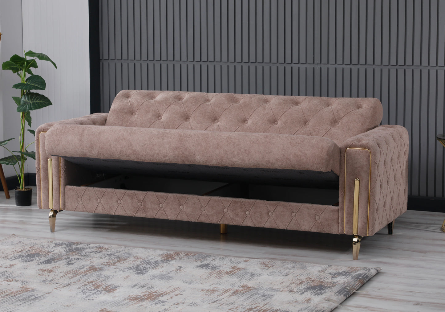 Canapé velours moka convertible coffre – PRAG
