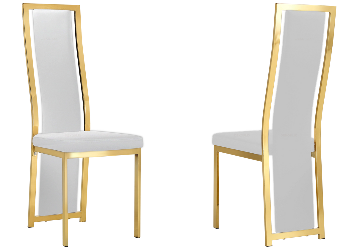 Table marbre blanc et 6 chaises simili-cuir doré – Jessy
