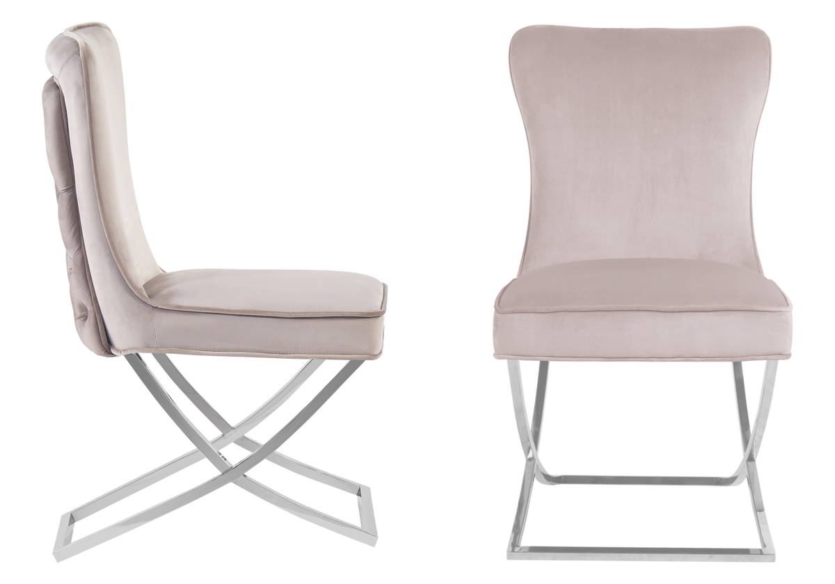 Chaise capitonnée pied croisé argent beige - Enzo x2