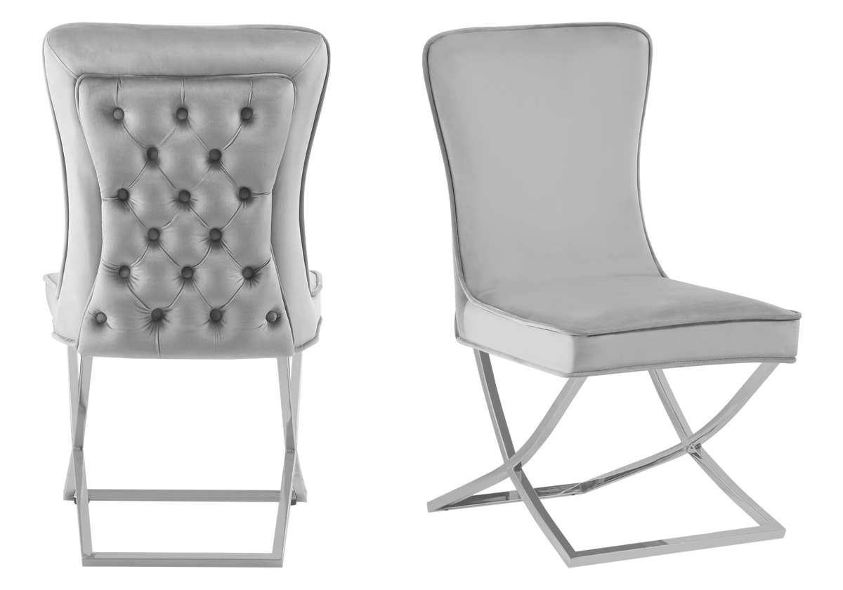 Table verre et 4 chaises velours gris argent - Enzo