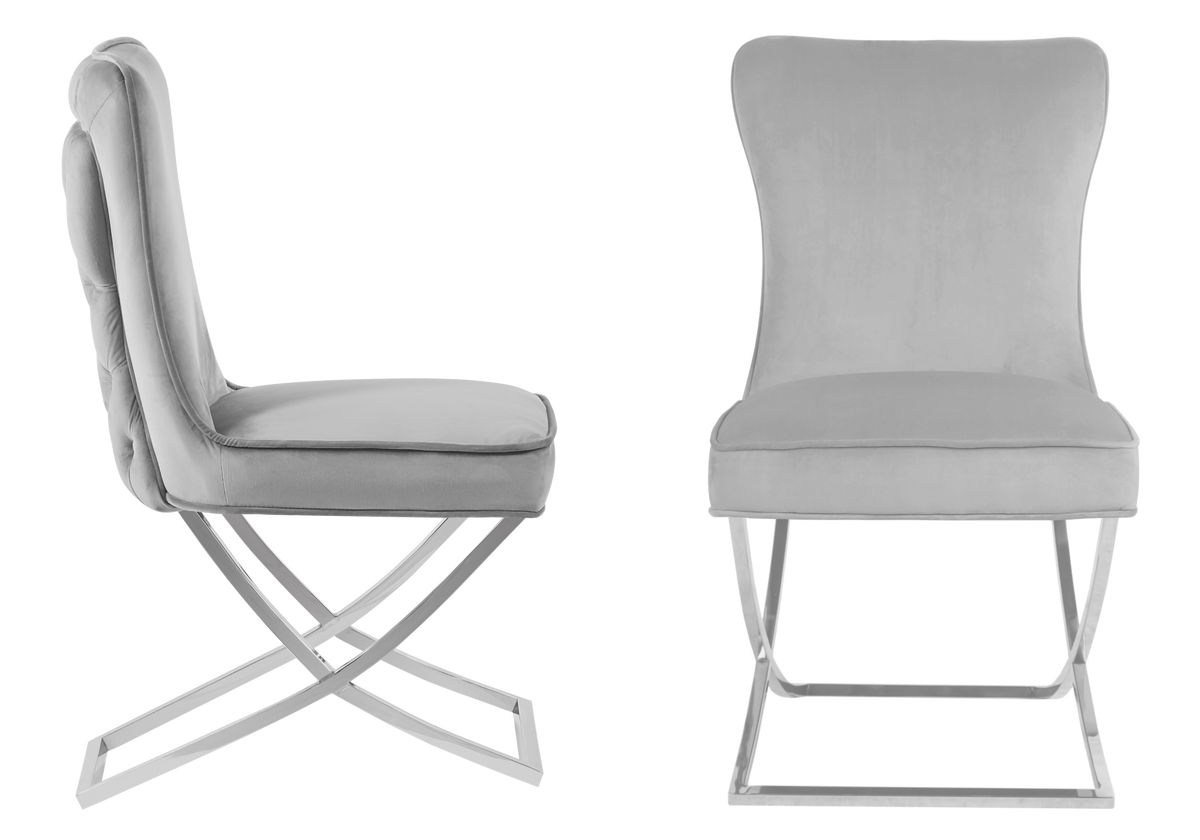Table verre et 4 chaises velours gris argent - Enzo