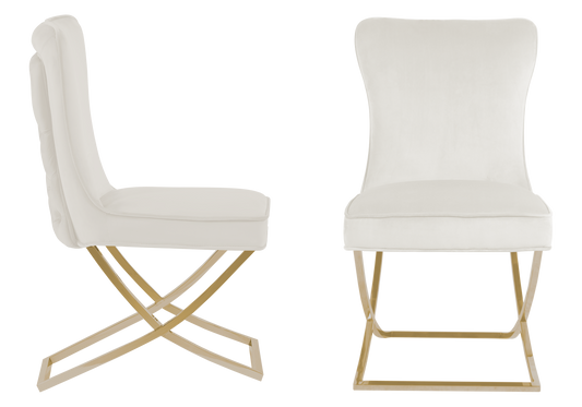 Chaise capitonnée pied croisé doré écrue – Enzo x2