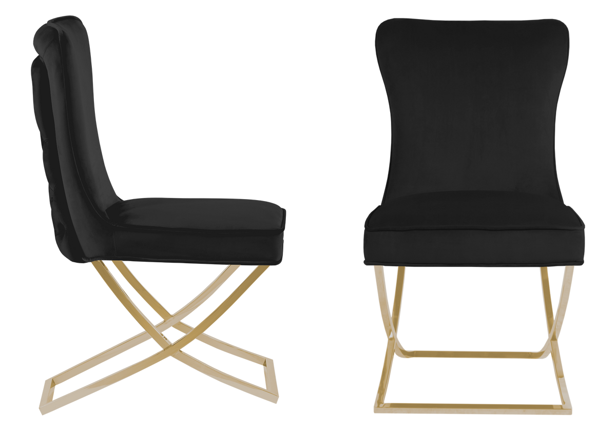 Chaise capitonnée pied croisé doré noire - Enzo x2