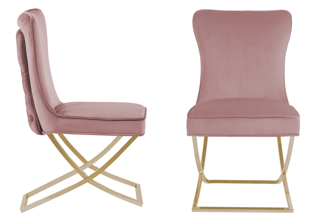 Chaise capitonnée pied croisé doré rose - Enzo x2