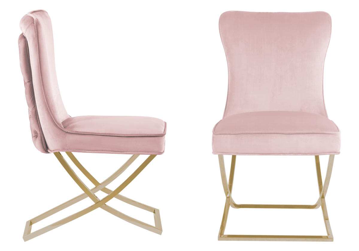 Chaise capitonnée pied croisé doré rose poudré - Enzo x2