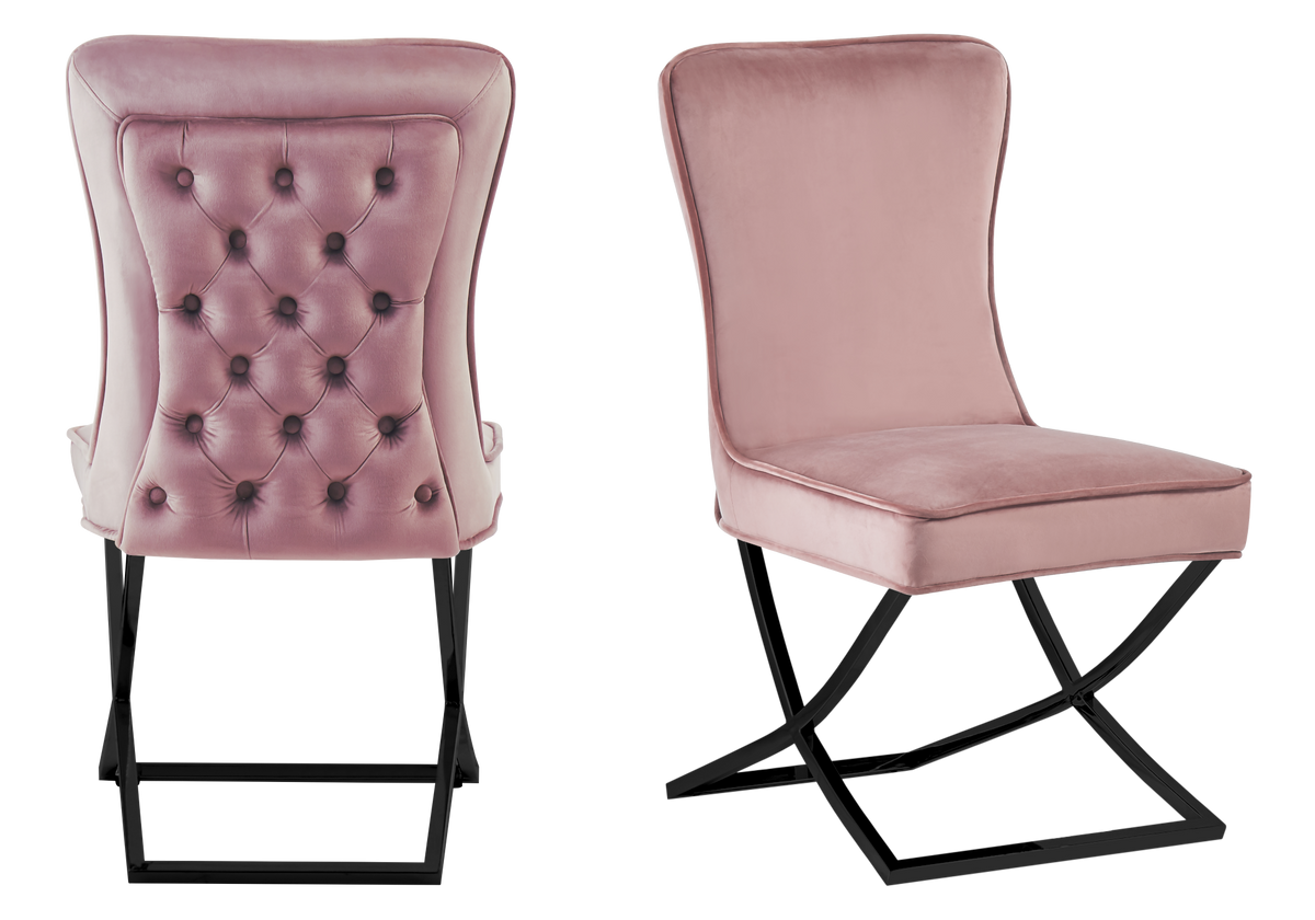 Chaise capitonnée pied croisé noir rose - Enzo x2
