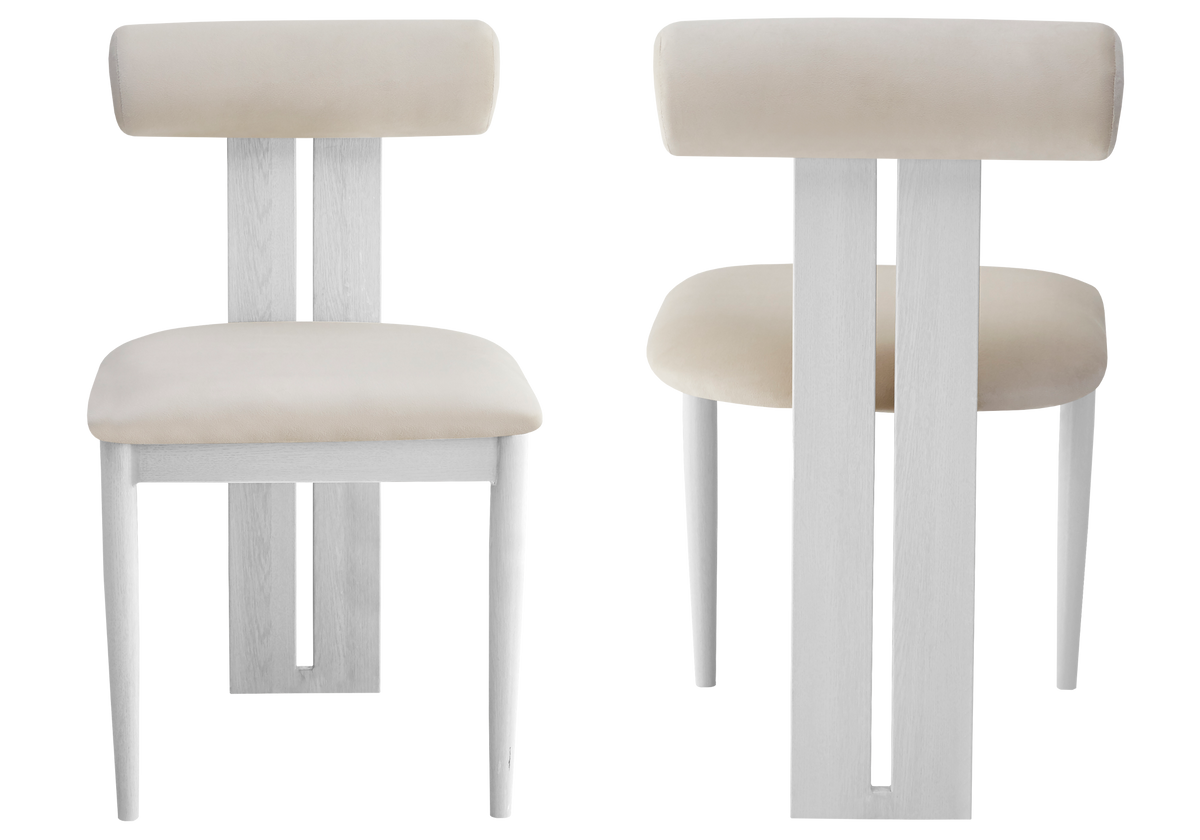 Chaise en velours beige et pieds bois blanc - Koto x2