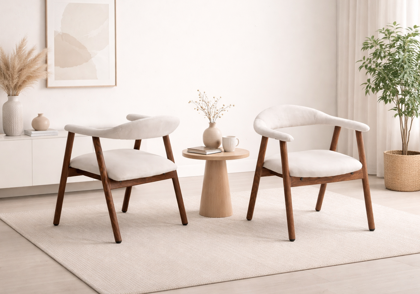 Chaise fauteuil velours beige et noyer – Oris x2