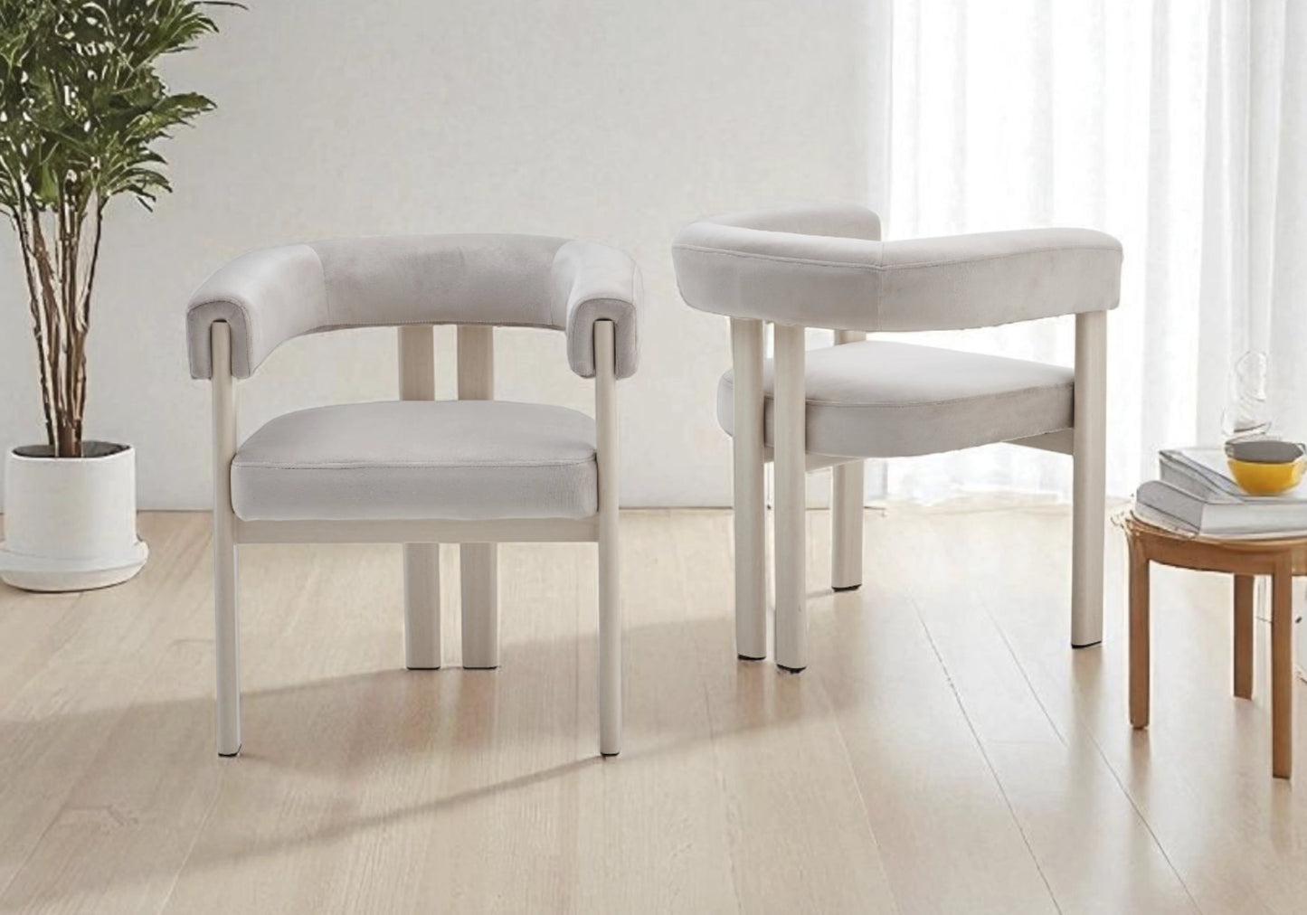 Chaise velours taupe arrondie pied travertin - LIVO