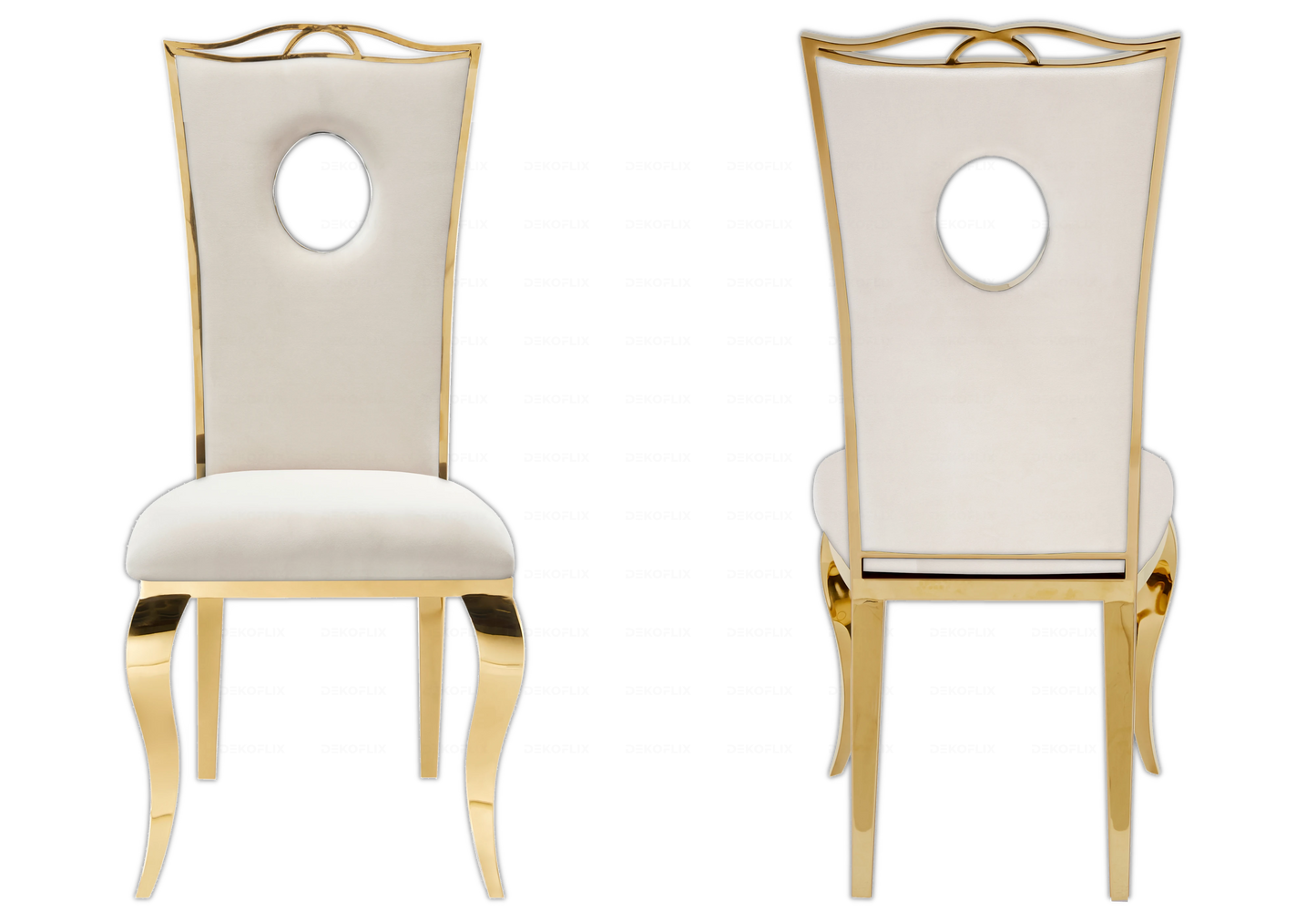 Table verre blanc et chaises velours beige doré – NEO