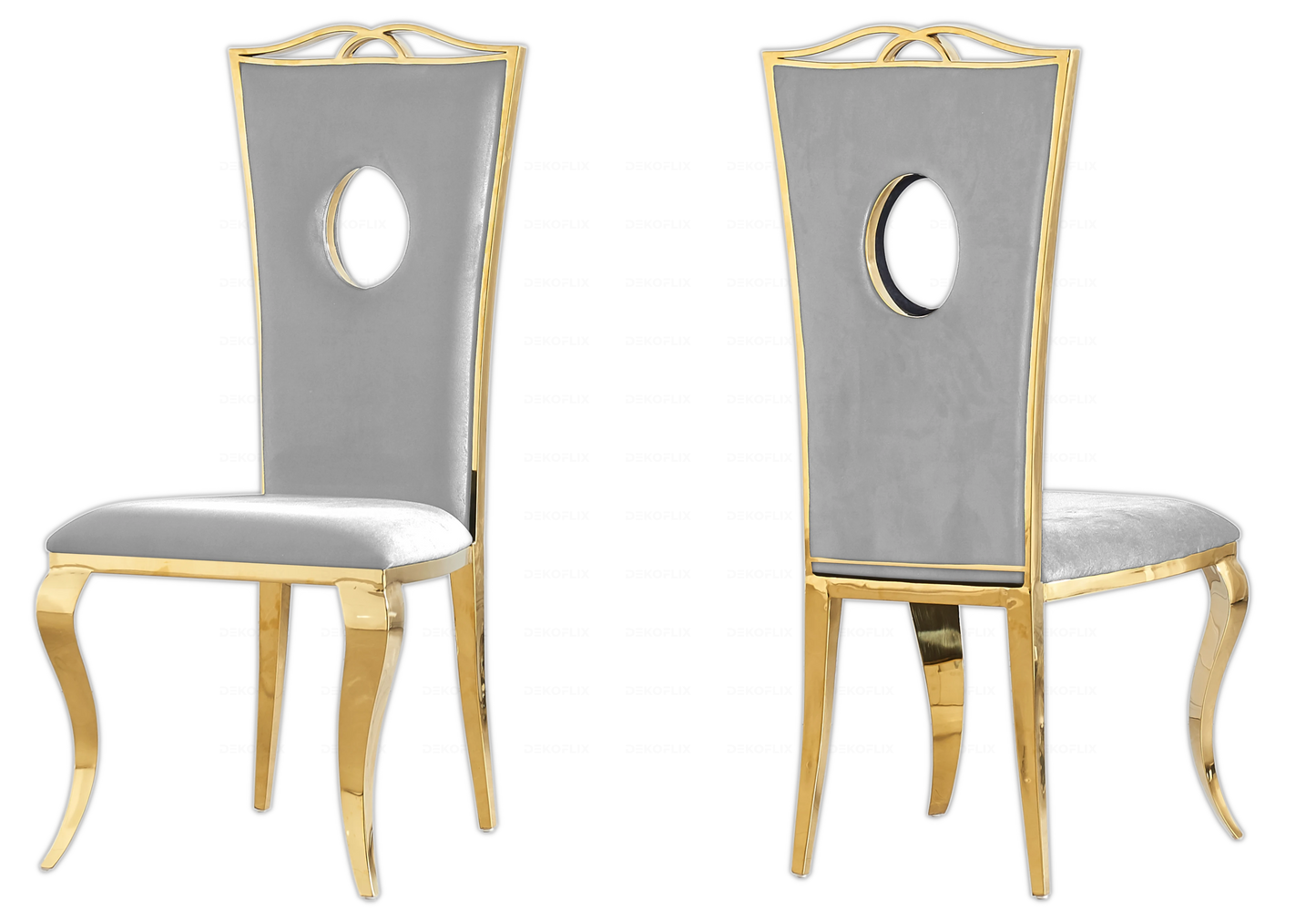 Table verre blanc et chaises velours gris doré – NEO