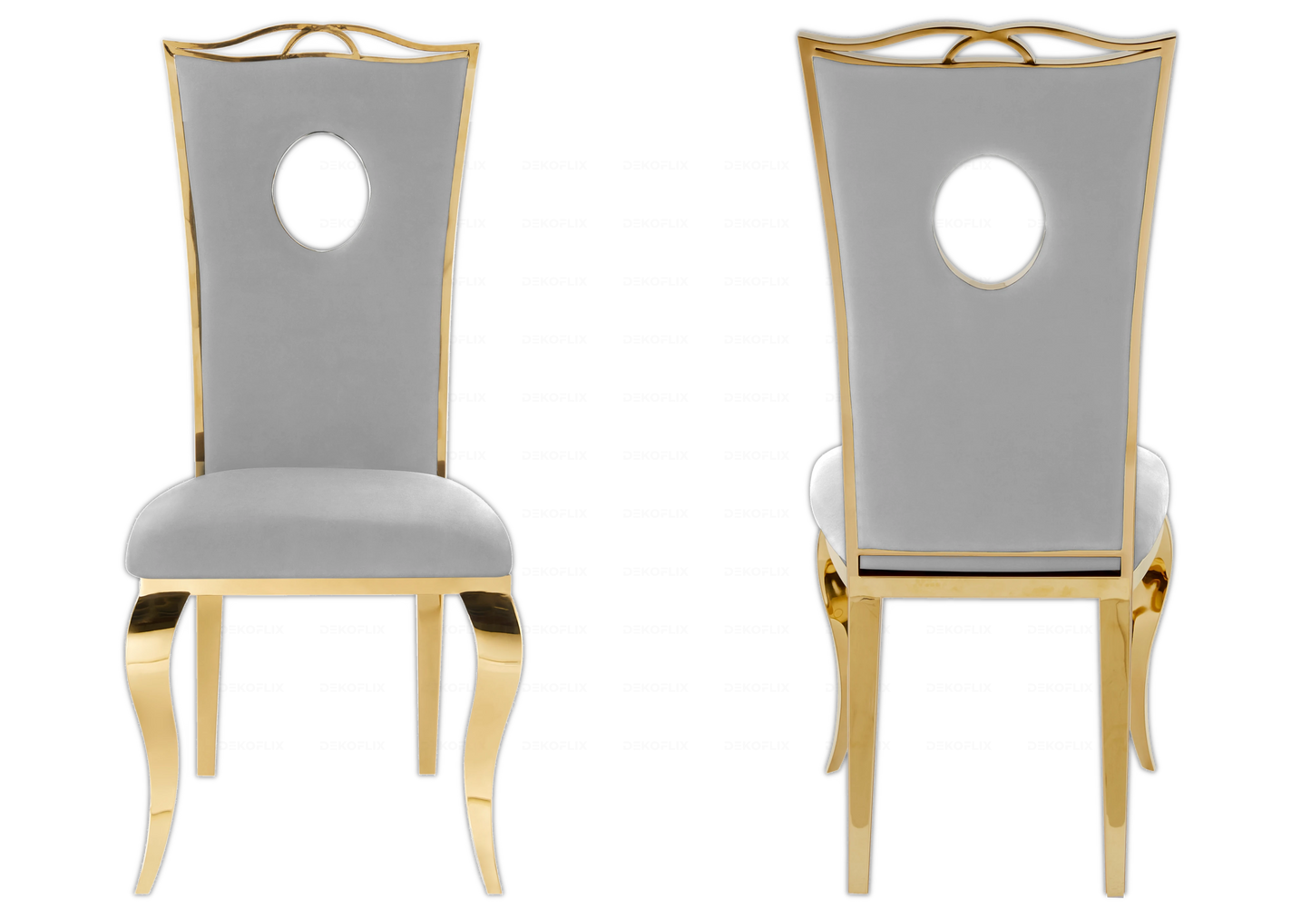 Table verre blanc et chaises velours gris doré – NEO