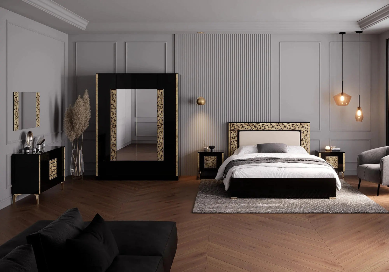 Chambre complète noir doré STELLA - DEKOFLIX